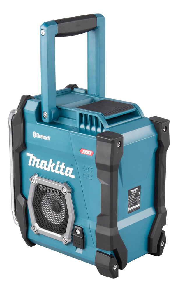 A blue and black Makita Bluetooth speaker with a large handle, rugged corners, visible grille, and front control buttons.