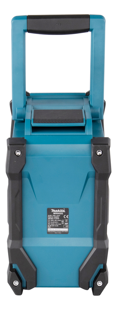A teal and black Makita tool storage box with a pull-out handle and wheels, shown from the back with label and reinforcements visible.