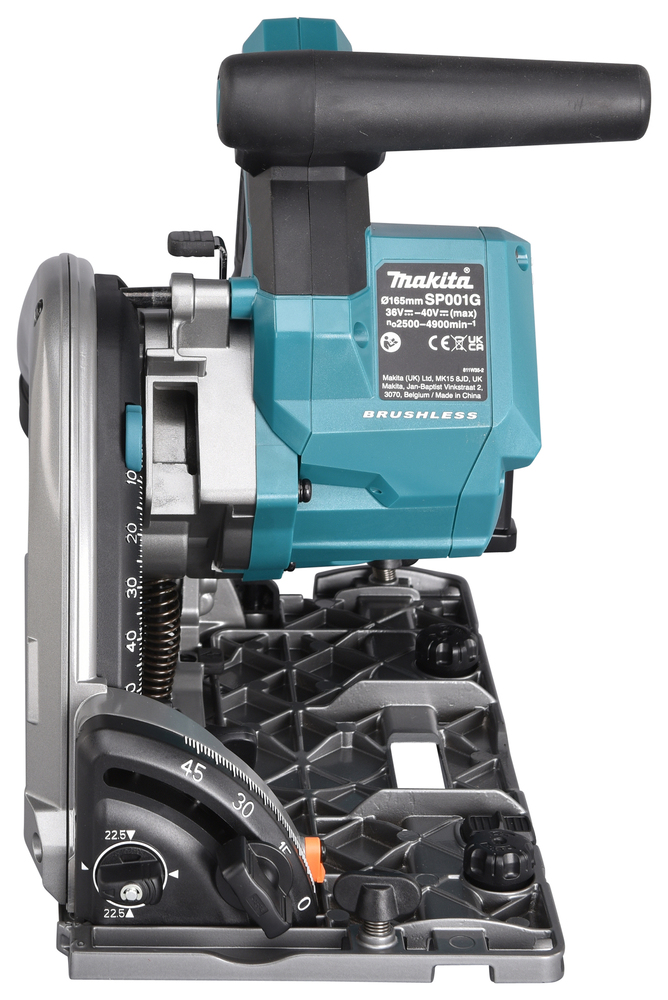 Front view of a Makita SP001G brushless circular saw with adjustable angle gauge, black handle, teal and grey body on textured base.