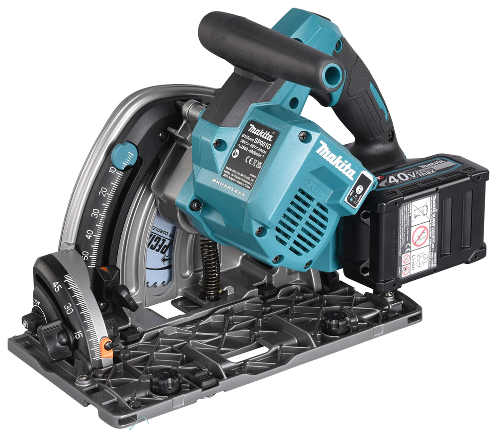A cordless Makita circular saw with a black handle, teal body, battery pack, angle guide, and sturdy base on a white background.