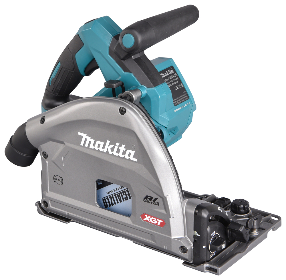 A Makita XGT cordless plunge saw with a teal and black handle, silver blade guard, and adjustment knobs on the side.