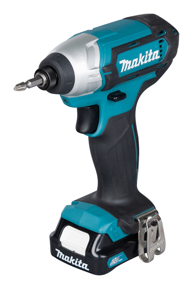 A cordless Makita impact driver in teal and black with a metal clip, bit in the chuck, and a white battery pack at the base.
