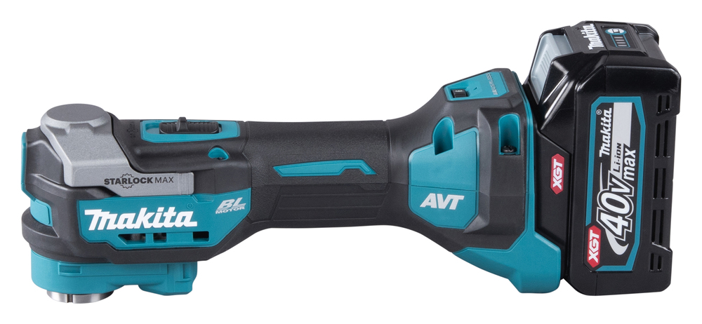 A cordless Makita power tool with a black and teal body, featuring a large rechargeable battery attached at the end.