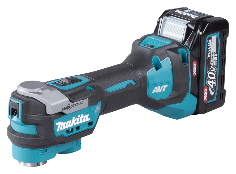 A cordless Makita power tool in blue and black with a large battery pack and ergonomic grip.