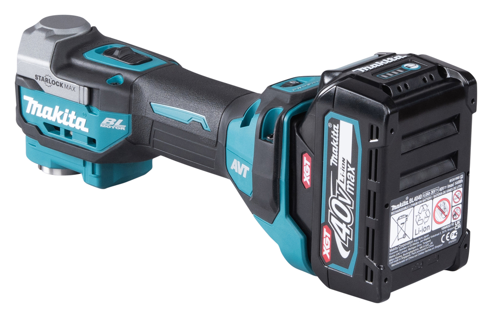 A Makita cordless power tool with a 40V max lithium-ion battery, teal and black, featuring branding and a Starlock Max fitting.