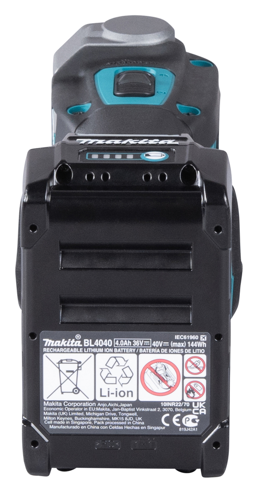 Close-up rear view of a Makita power tool with a BL4040 4.0Ah 36V battery attached, showing labels and certification marks.