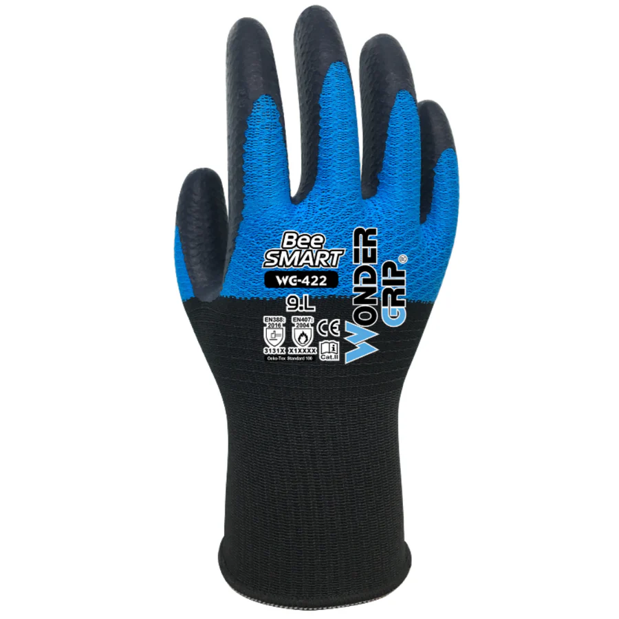 A black and blue work glove with textured fingertips and palm for enhanced grip. Safety icons are visible on the back of the hand.