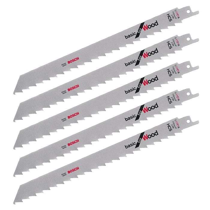 Five silver Bosch reciprocating saw blades with jagged teeth are fanned out, designed specifically for cutting wood materials.