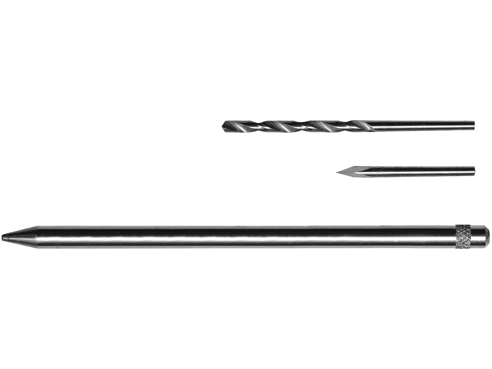Three metal tools—a twist drill bit, a spade-shaped bit, and a cylindrical punch with textured grip—on a white background.