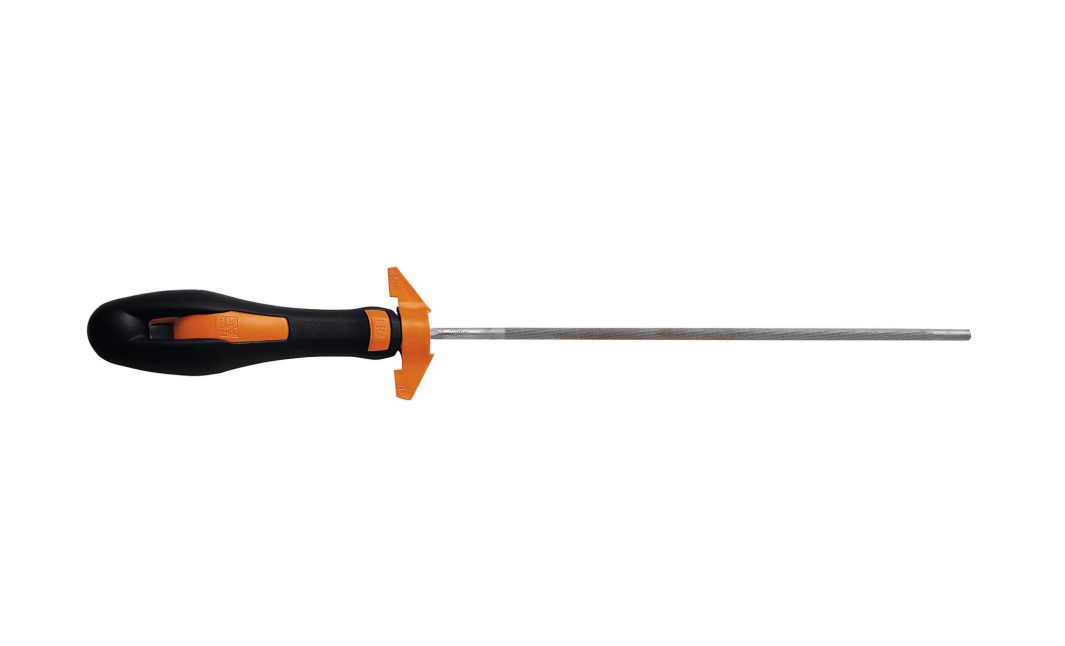 A metal file with a long, cylindrical textured surface and a black-and-orange ergonomic handle featuring a protective hand guard.