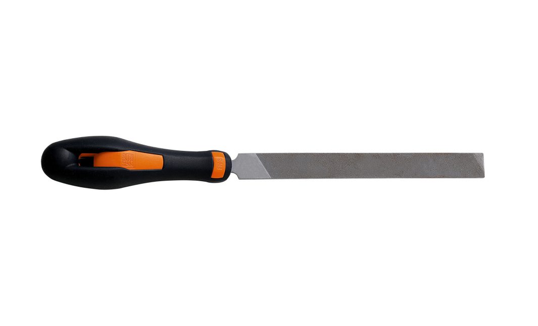 A flat metal file with a black and orange ergonomic handle, isolated on a white background.