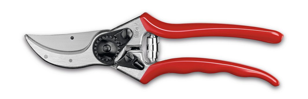 A pair of silver secateurs with bright red, ergonomic handles and a curved blade, set against a white background.