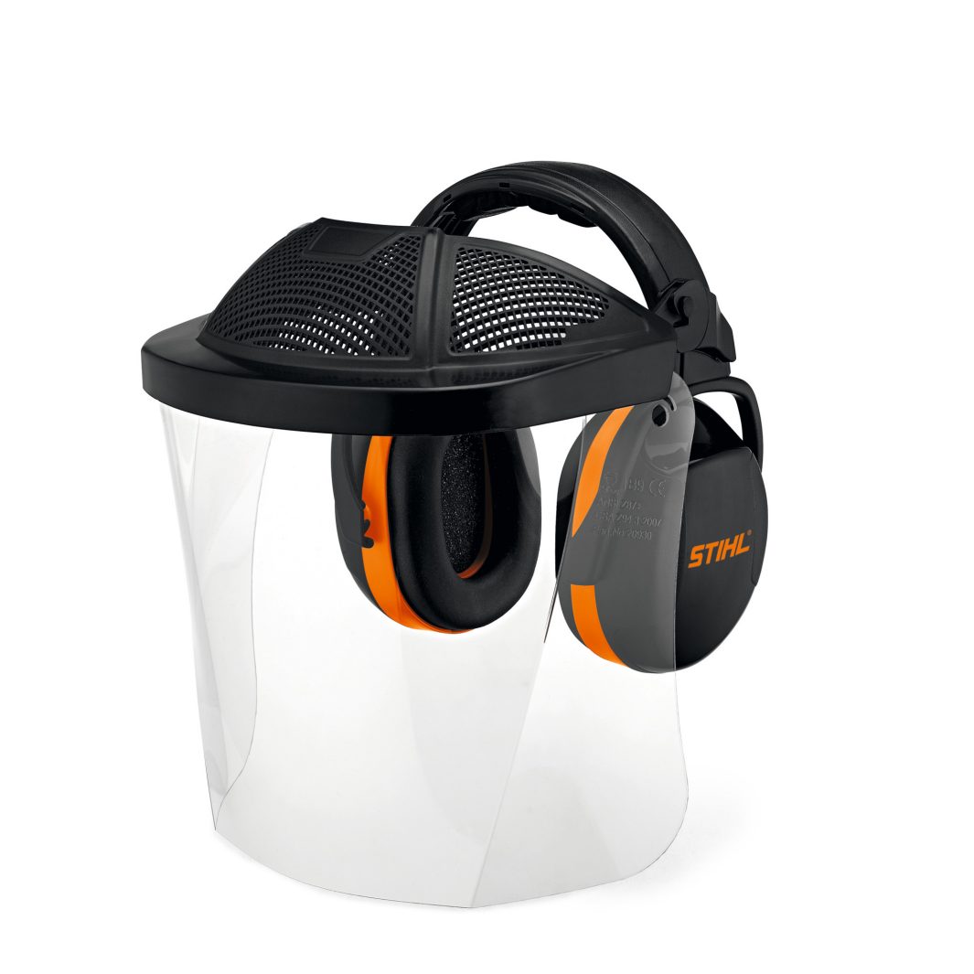 Protective face visor with attached ear defenders. Clear visor, black mesh top, black and orange ear defenders. Suitable for outdoor work.