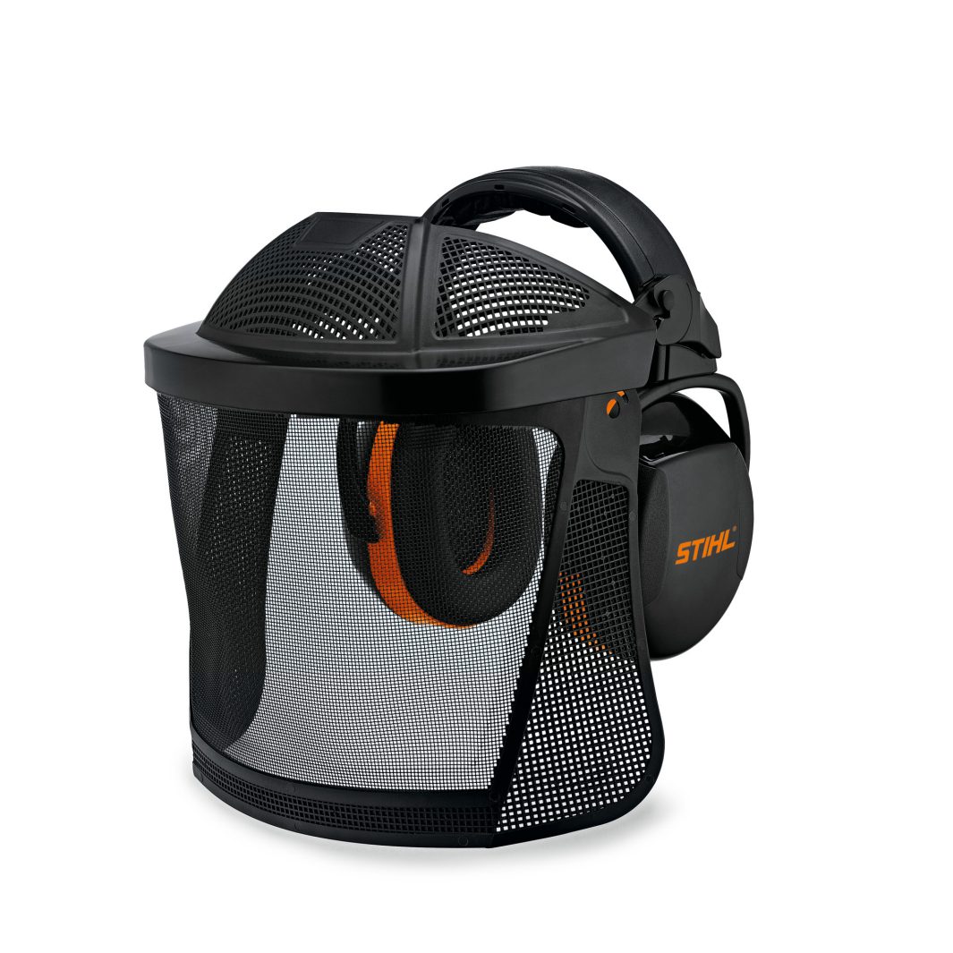 A black mesh safety helmet with attached ear defenders, designed for head, face, and ear protection during outdoor or forestry work.