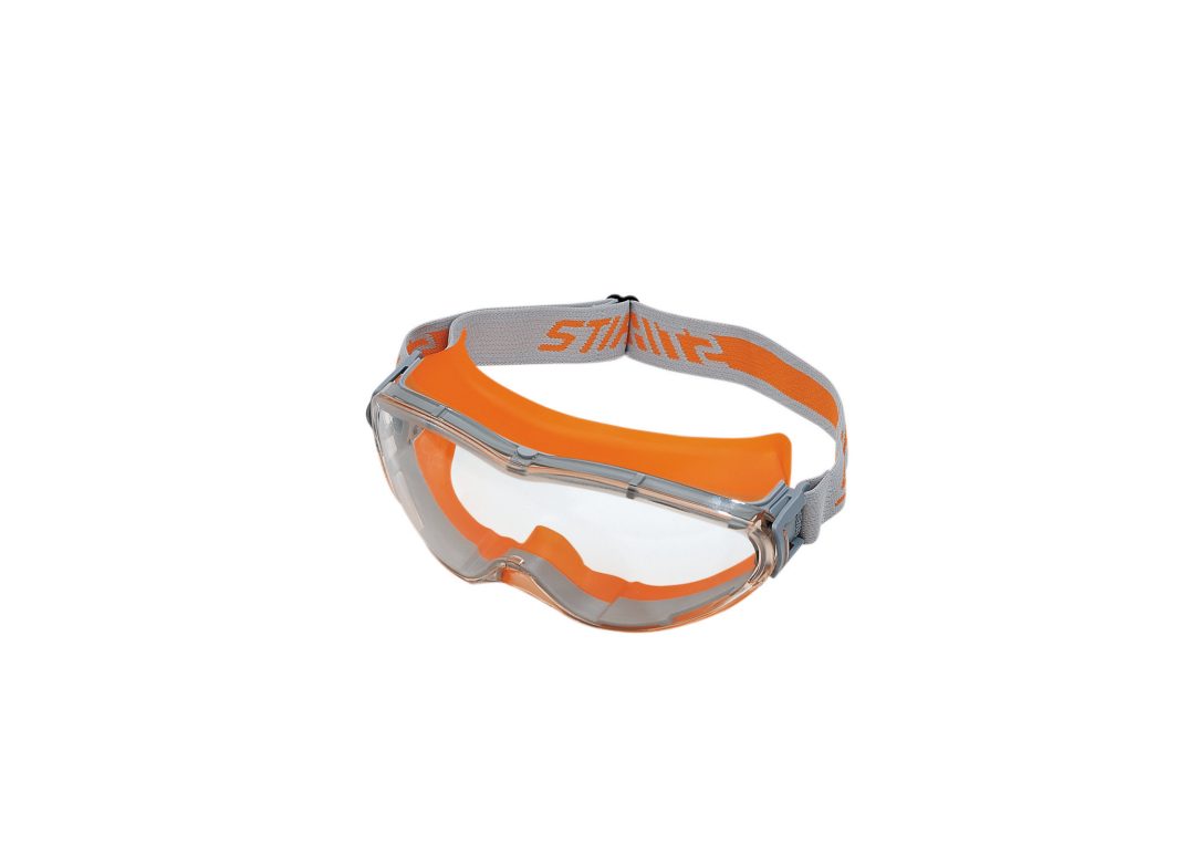 Protective safety goggles featuring a clear lens, bright orange frame, and an adjustable grey elastic strap.