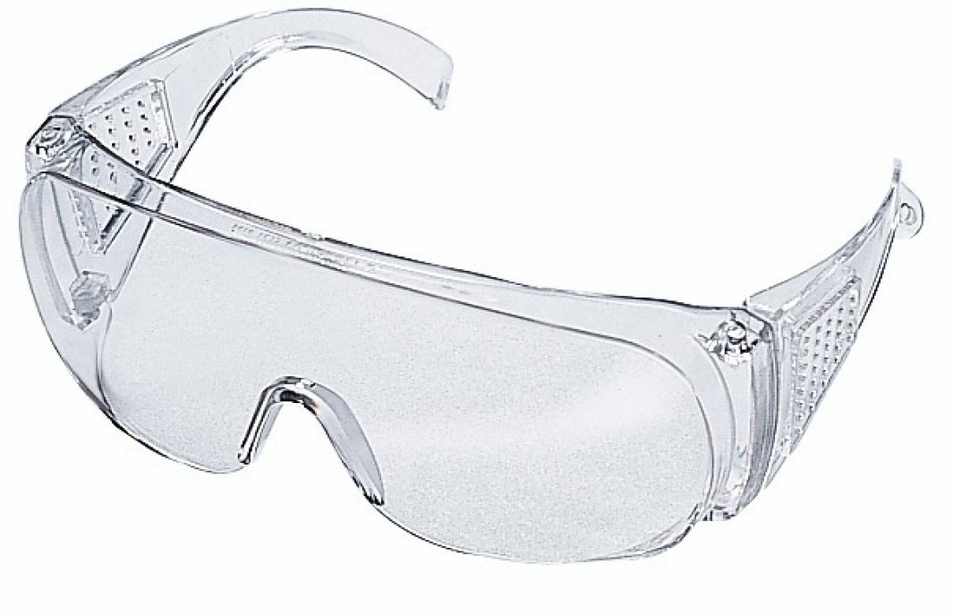 Clear plastic safety goggles with side vents and a wraparound design, shown on a white background for eye protection.