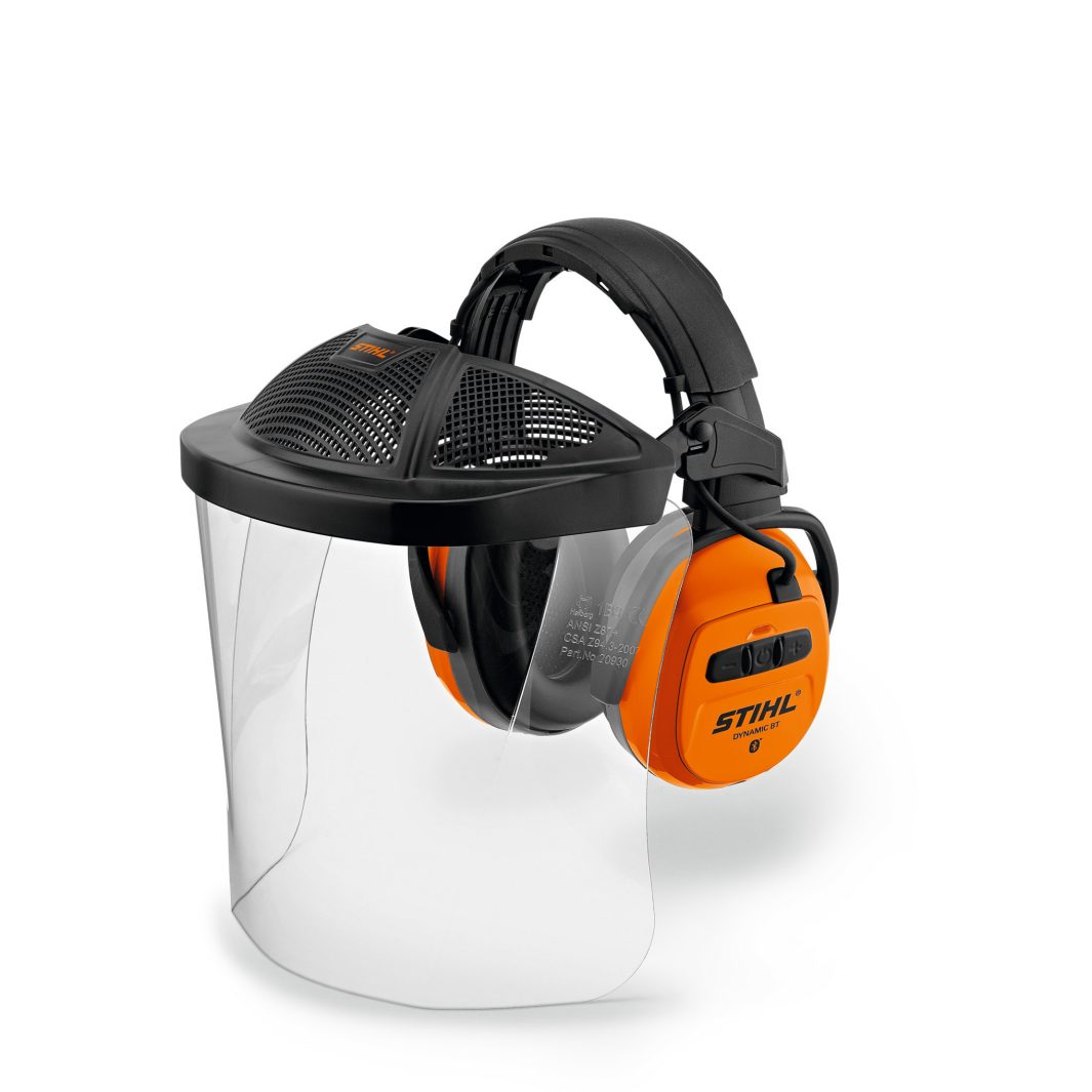 The Stihl Safety glasses FUNCTION Slim, tinted, complement protective headgear with clear face shield and orange ear defenders for safety.