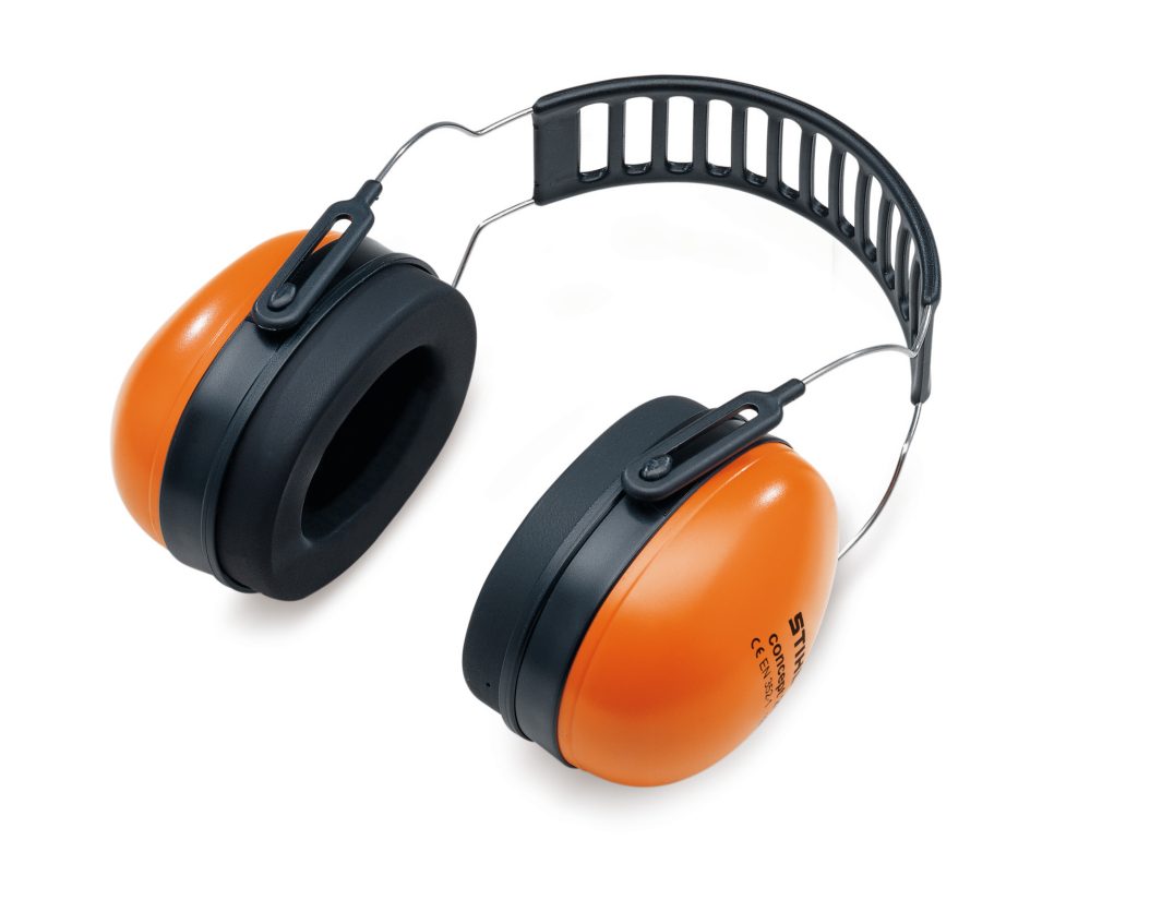 Orange and black over-ear hearing protection earmuffs with a black adjustable headband, displayed on a white background.