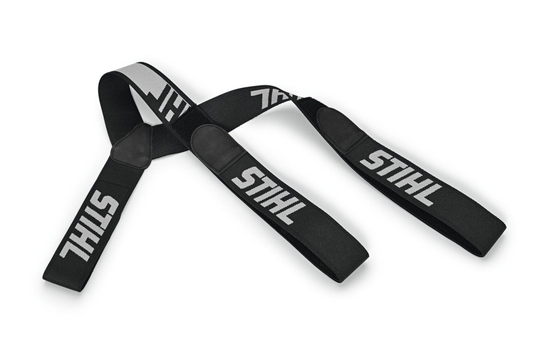 A black and grey shoulder harness strap with padded sections and adjustable loops, designed for carrying power tools.