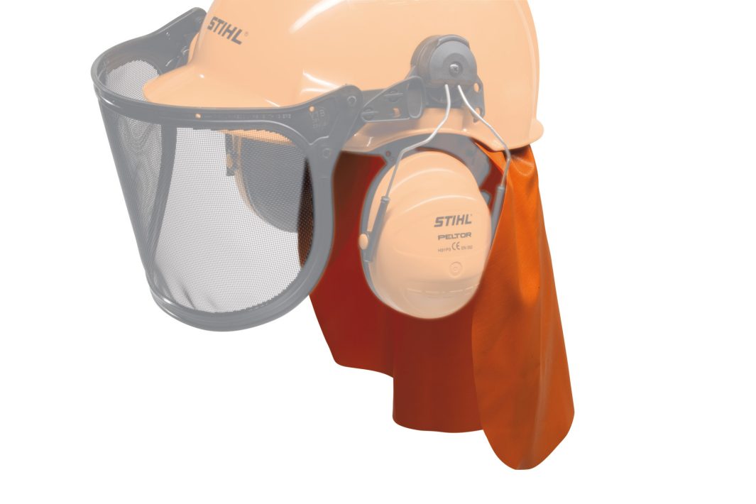 An orange safety helmet with a mesh face shield, ear muffs, and an orange neck guard, designed for full head and neck protection.