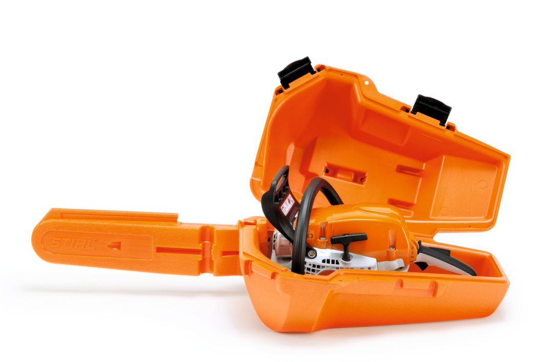 An orange chainsaw rests inside an open, hard plastic orange carrying case designed for secure transport and protection.