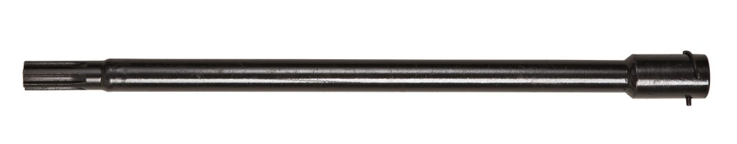 A black metal rifle barrel with a grooved end, viewed from the side on a plain white background.