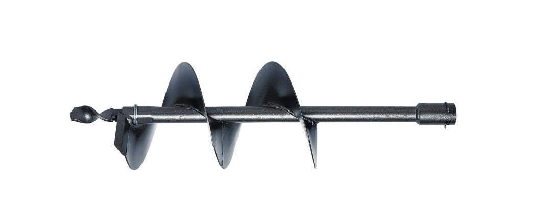 A black metal auger bit with two large spiral blades and a pointed tip is displayed against a plain white background.