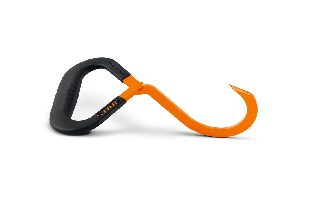 A bright orange log hook featuring a curved metal hook and a black ergonomic handle for gripping and lifting logs.