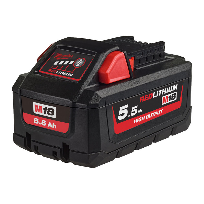 A Milwaukee M18HB5.5 18V 5.5Ah RedLithium-Ion High Output Battery with a black and red casing and bold side/front labels.