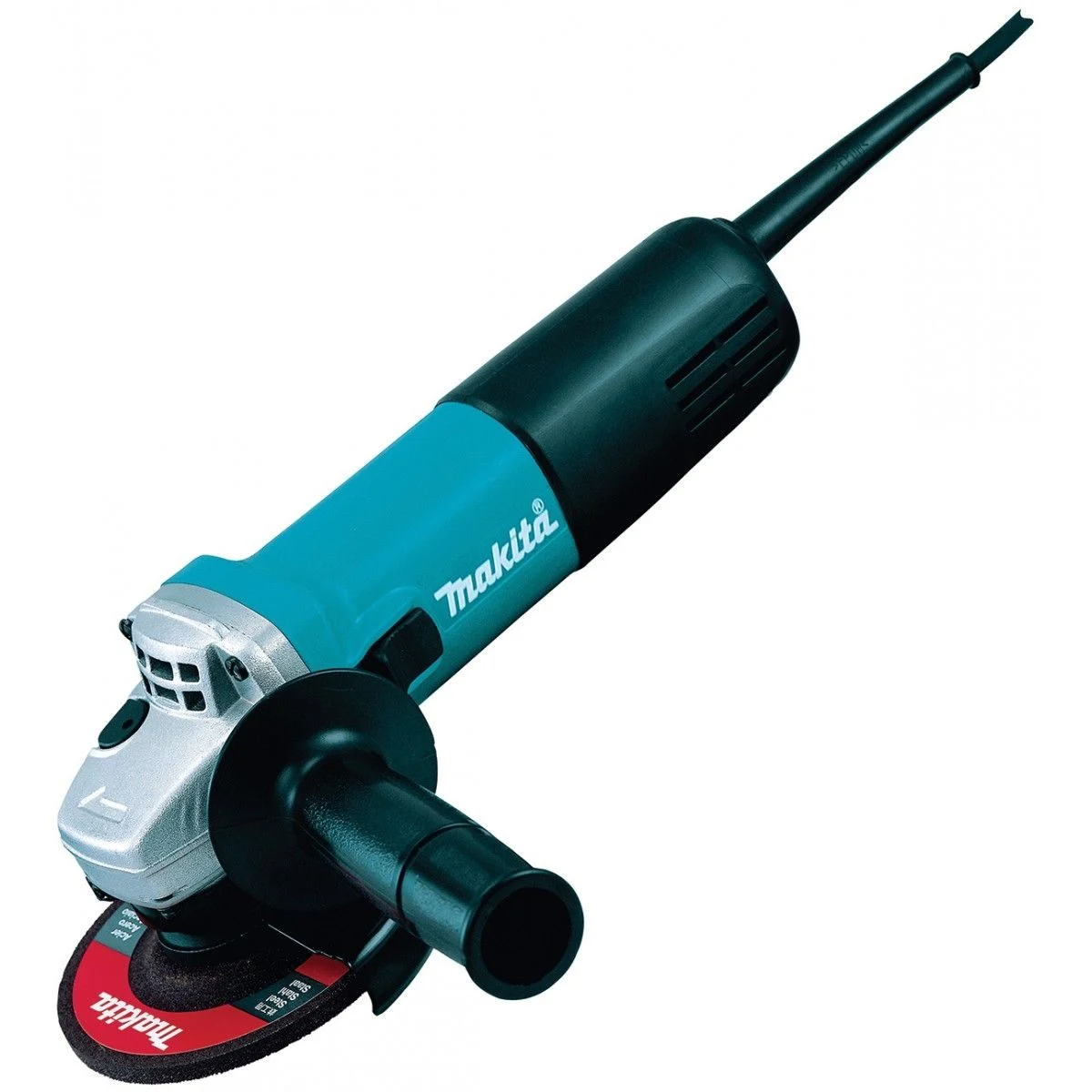 A blue and black Makita angle grinder with a side handle and a red abrasive disc, placed against a white background.