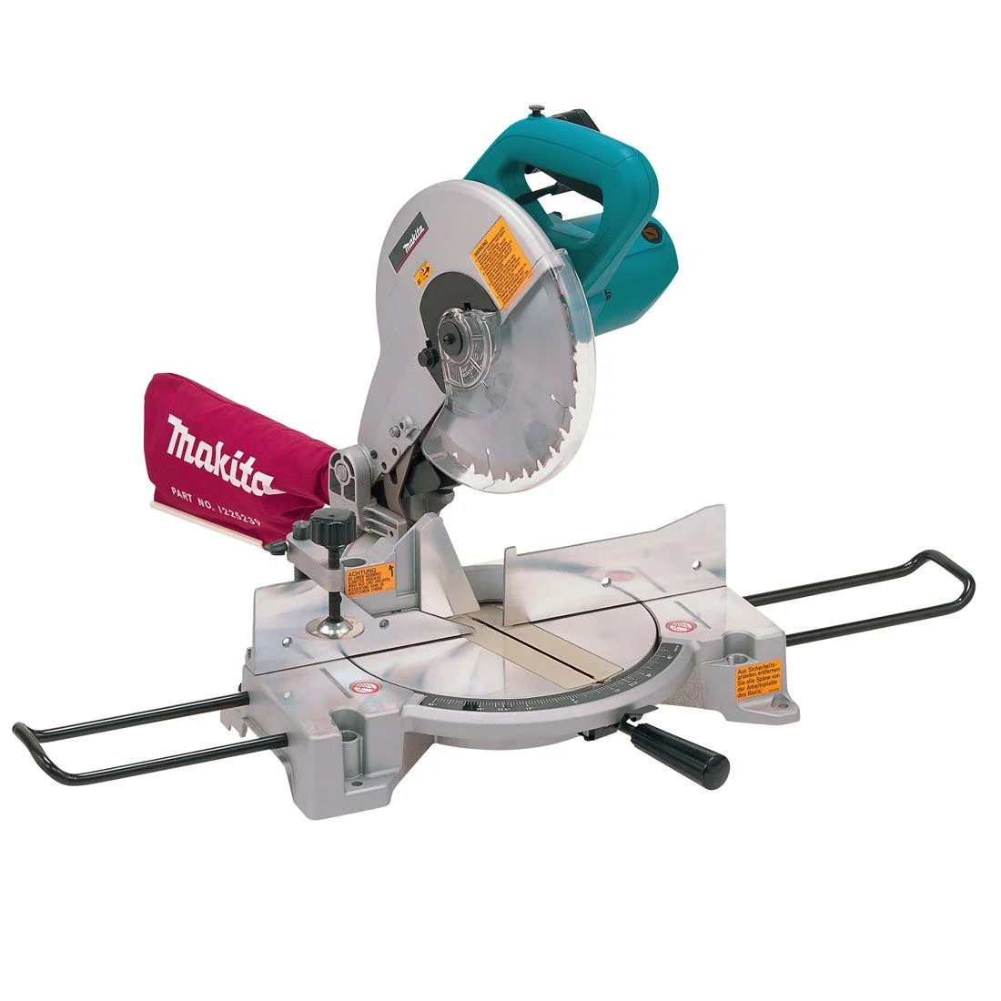 A Makita compound mitre saw with circular blade, teal motor housing, dust bag, and adjustable base with angle markings for wood cutting.
