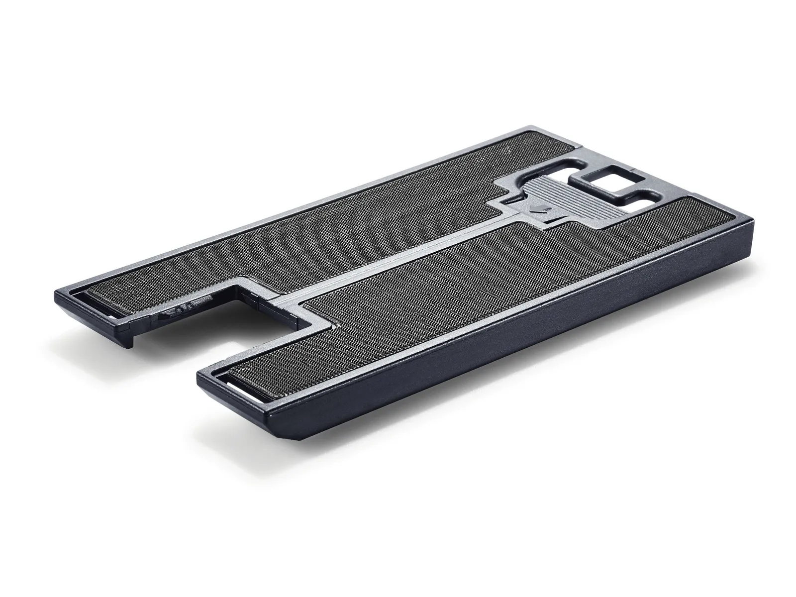 A rectangular black plastic filter with a grid pattern and a notched cut-out on one side, likely used for appliance air filtration.