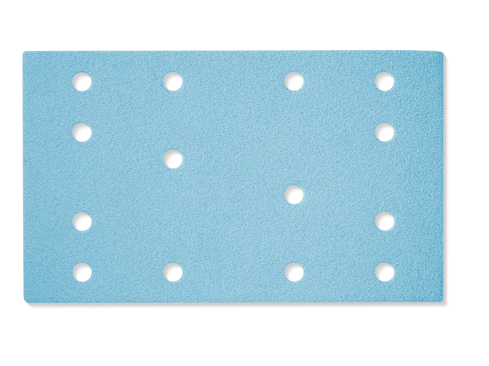 A rectangular blue sandpaper sheet with thirteen evenly spaced round holes in rows on a white background.