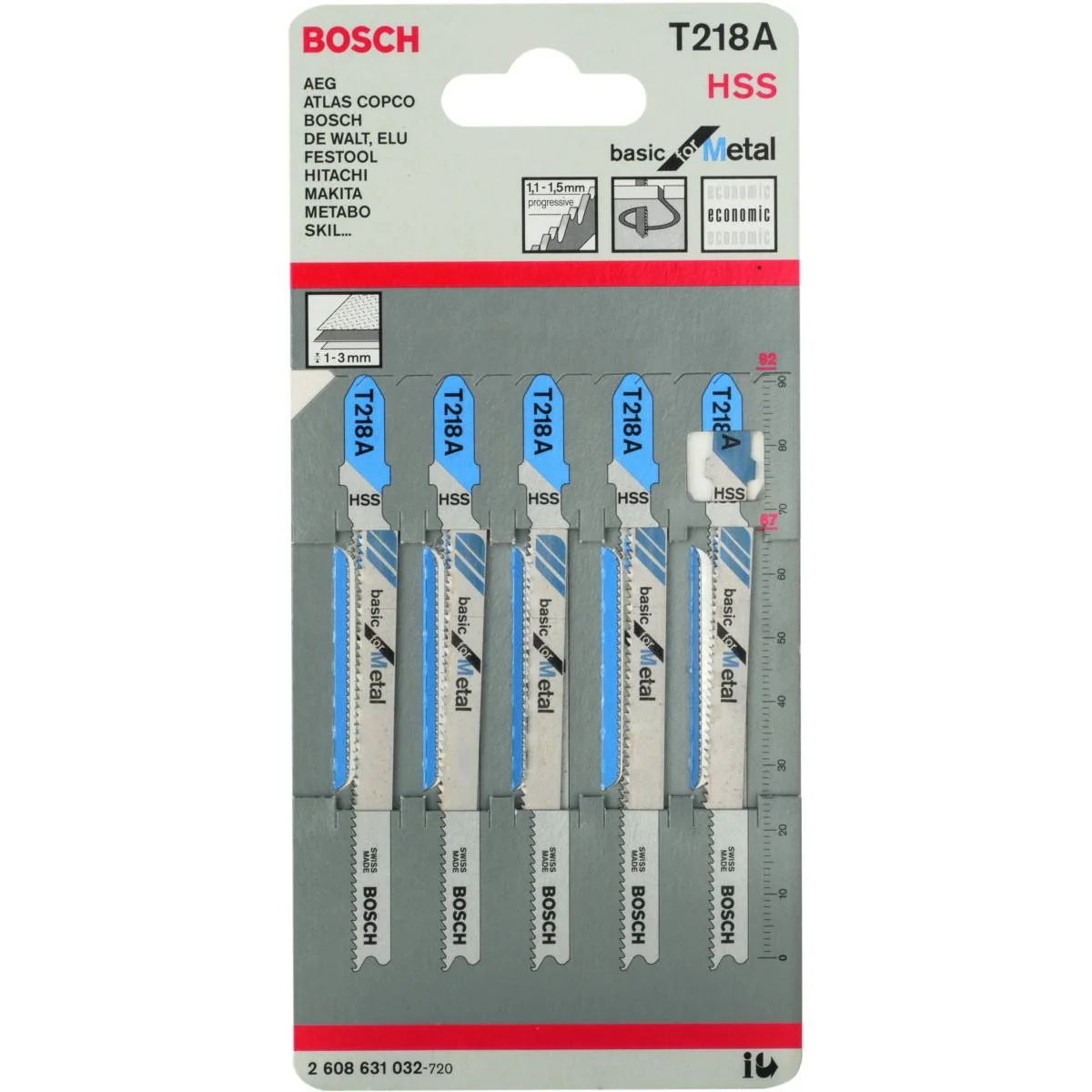A pack of five Bosch T218A HSS jigsaw blades for metal cutting in a clear blister pack with blue and silver labelling.