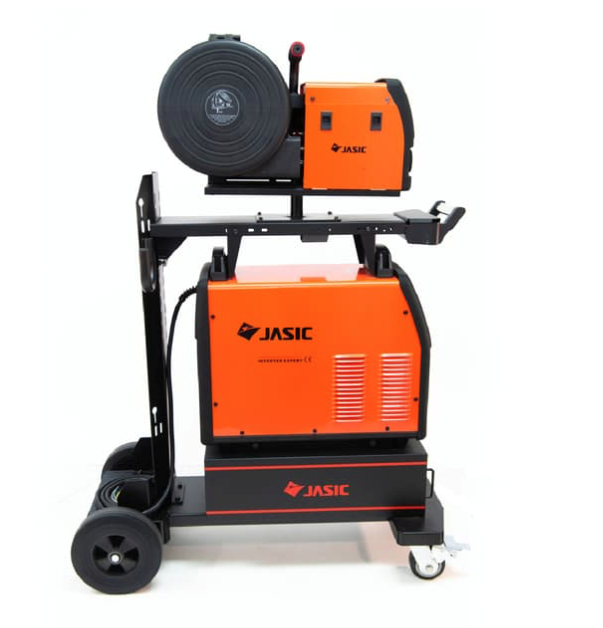 An orange and black JASIC welding machine on a wheeled trolley, featuring a mounted spool and control box on top, with cables attached, set against a white background.