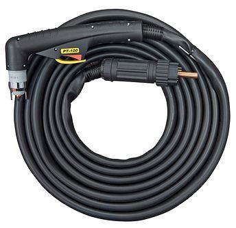 A coiled black plasma cutter torch with a copper tip and ergonomic handle, attached to a long black cable on a white background.