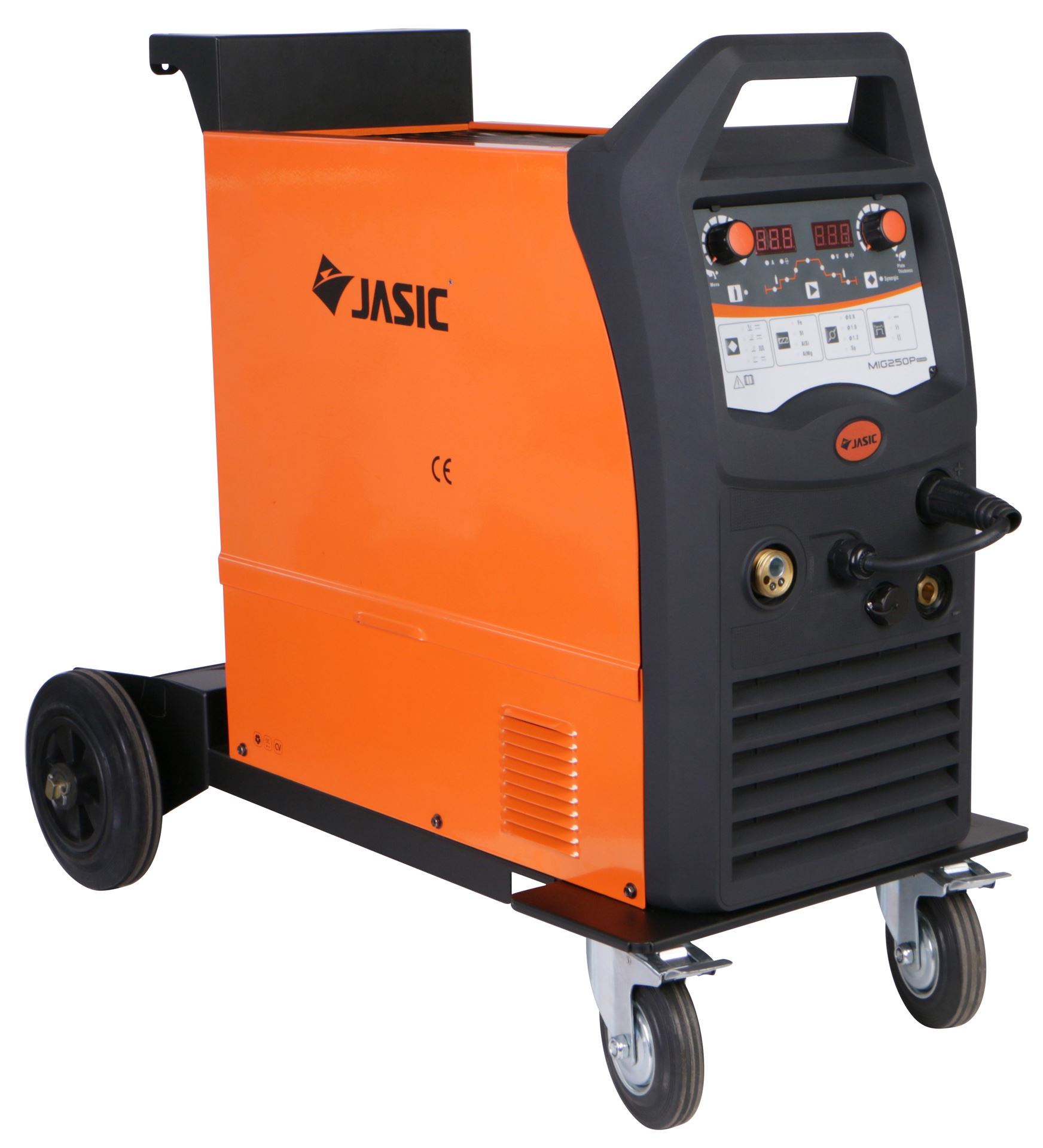Orange and black JASIC welding machine on wheels with a control panel that includes digital displays and adjustment knobs on the upper front, along with ventilation slots on the side.