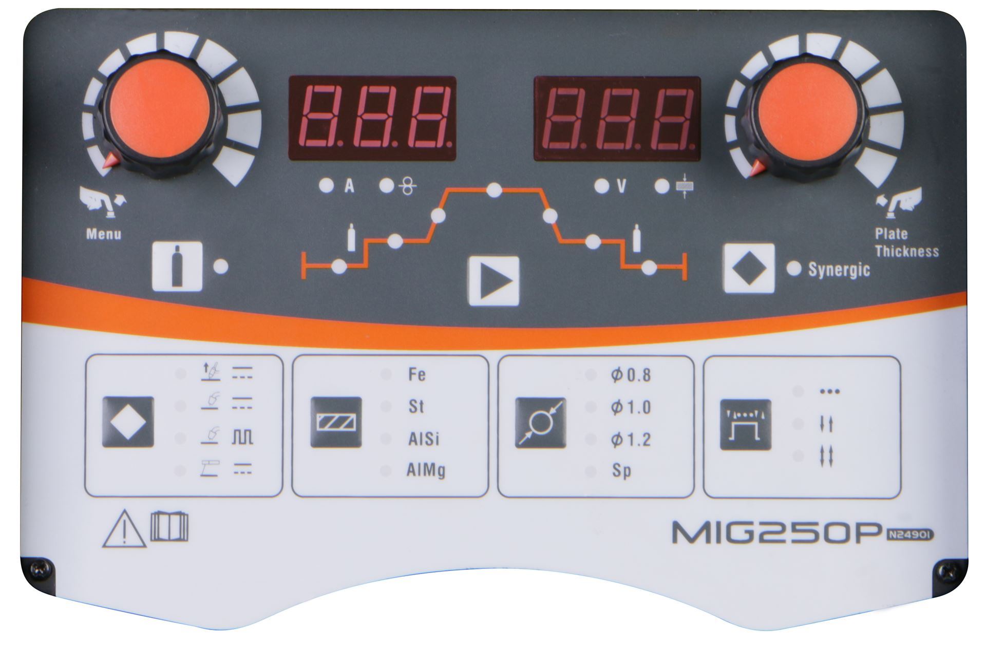 Close-up of a MIG250P welder control panel featuring two orange knobs, digital displays, buttons, and icons for material type, wire thickness, and process settings. The panel is white with grey and orange accents.