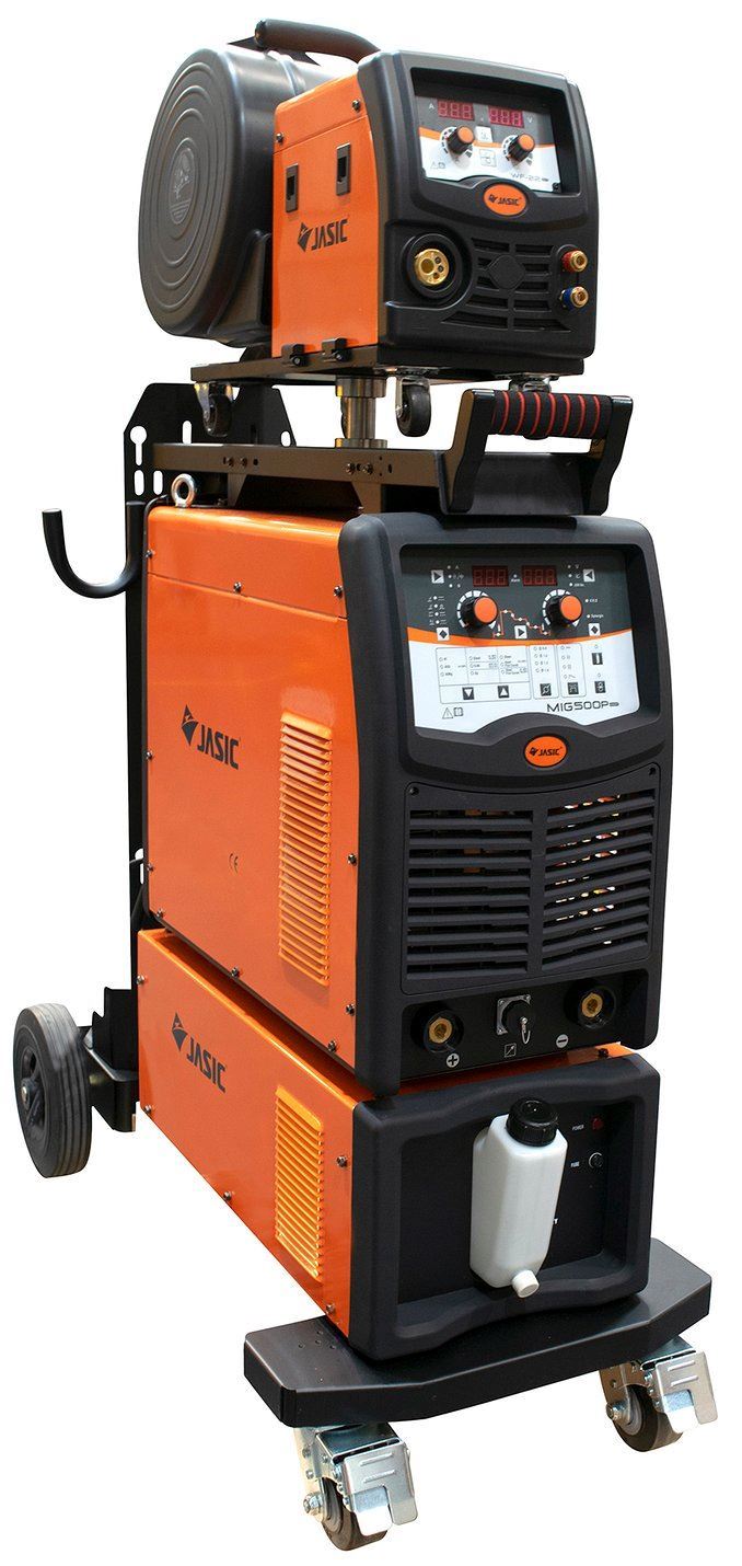 An orange and black JASIC welding machine with control panels, cables, and wheels for mobility. The unit is stacked with a reel on top and features multiple dials and display screens.