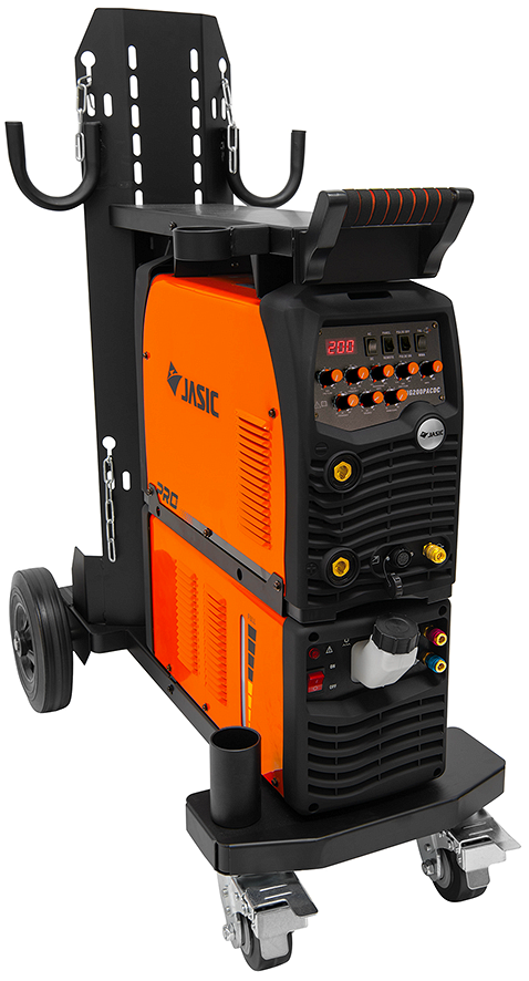 An orange and black JASIC welding machine with wheels, a control panel, and cable hooks, positioned on a portable trolley that includes storage features and sturdy handles.