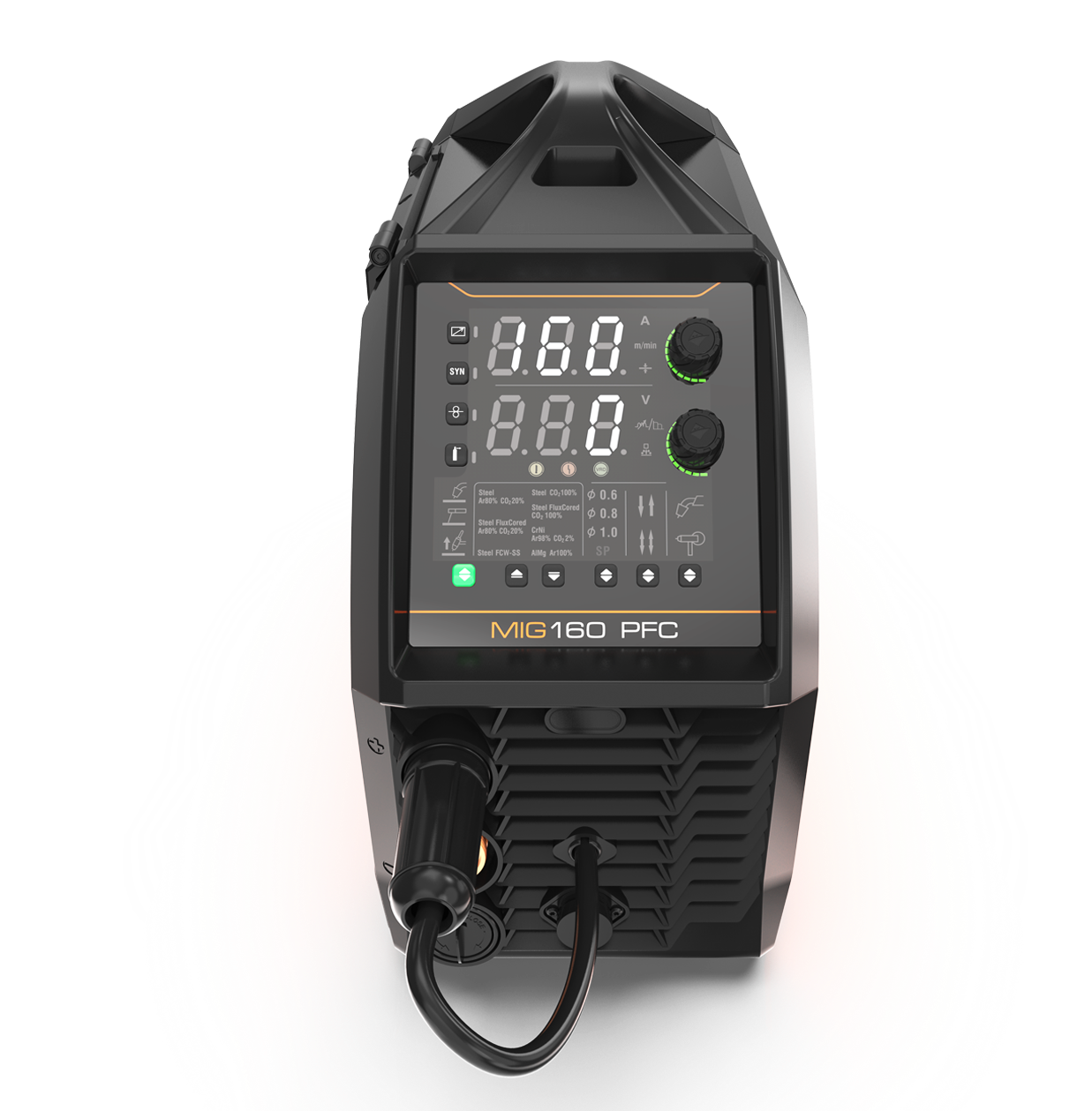 Front view of a black MIG160 PFC welding machine with a digital display, control knobs, and attached cables, set against a plain white background.