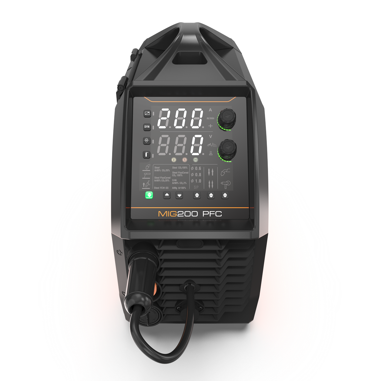 Front view of a black and grey MIG200 PFC welding machine featuring a digital display, control knobs, and an attached welding cable against a white background.