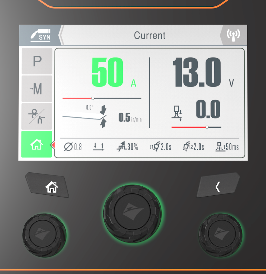 A digital control panel displays 50 A, 13.0 V, and 0.0. It features icons, graphs, navigation buttons, and a highlighted home icon on the left. Three round knobs with green lights are below the screen.