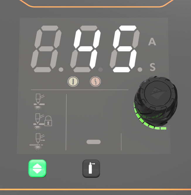 Close-up of a digital control panel with indicator icons, a rotating knob with green lights, a green illuminated button, and a smaller button featuring a fire extinguisher symbol.