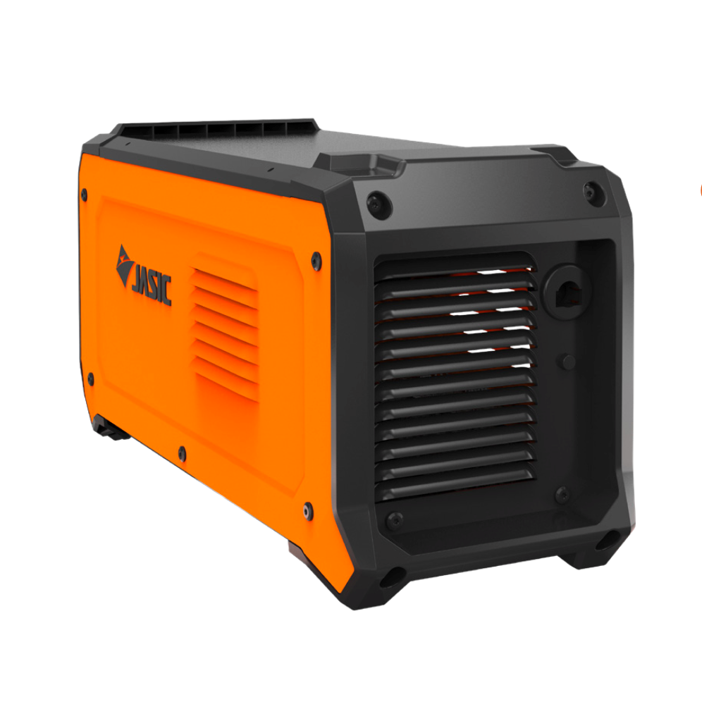 An orange and black portable welding machine with a vented front panel and side logo, displayed at a three-quarter angle on a white background.