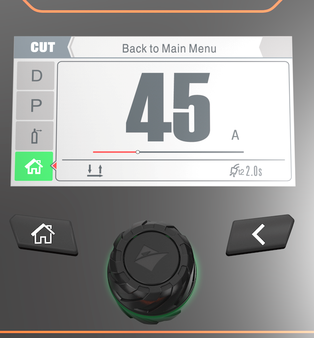 A digital display shows CUT mode, 45 A current, and the home icon highlighted. Below are a home button, control knob, and arrow button.