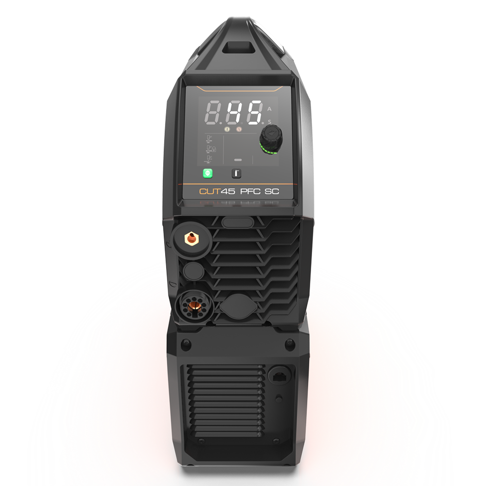 Front view of a black CUT45 PFC SC machine with a digital display, control knob, ports, and ventilation grilles, designed for industrial or workshop use.