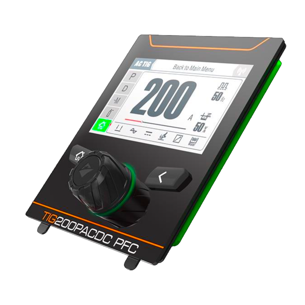 Digital control panel for a TIG200PACDC PFC welding machine, featuring a display screen showing 200 A, a large rotary knob, buttons, and various settings indicators on a black angled surface.