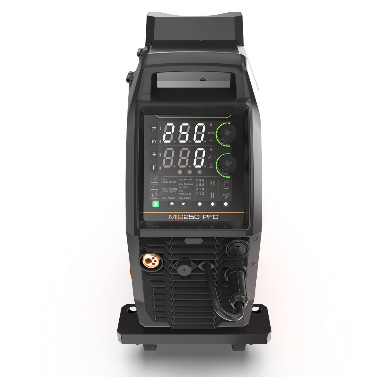 A front view of the Jasic EM-250CT EVO Mig 250 Multi Process Compact PFC 95-265v welding machine with its digital display, control knobs, power button, and cable connectors on a black and grey housing, set against a plain white background.