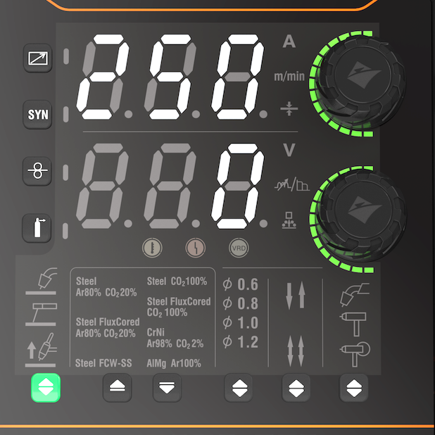 A close-up of a digital welding machine control panel with LED displays, dials, indicator lights, and various welding setting icons and labels, showcasing the advanced multi-process capabilities of the Jasic EM-250CT EVO Mig 250 Multi Process Compact PFC 95-265v.